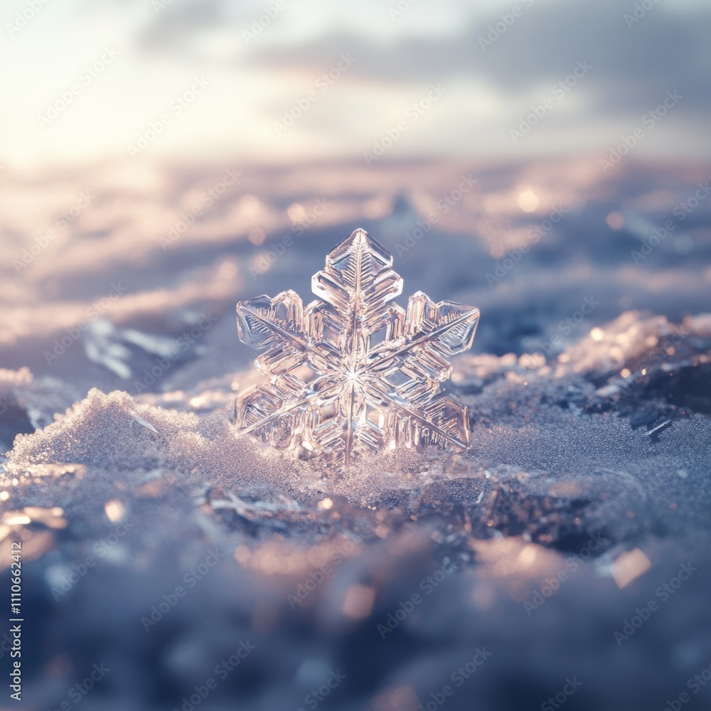 Poster a single ice snowflake resting on a snow-covered surface, clear and detailed, with a subtle glow hig