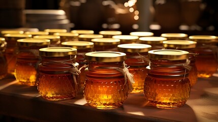 A photo of a display of locally produced honey jars.