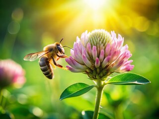 Close-Up of a Bee Pollinating a Clover Flower in Vibrant Nature Setting, Showcasing the Intricate Details of Plants and Wildlife in a Serene Environment
