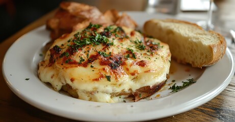 Plated Tartiflette with Garnish and Bread. AI generated illustration.