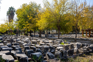 Rows of columns in Perge, Antalya, Turkey. Remains of colonnaded street in Pamphylian ancient city.Rows of columns in Perge, Antalya, Turkey. Ancient Kestros Fountain. Aksu, Antalya