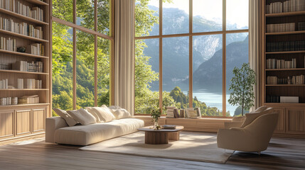 Fototapeta premium A 3D rendering of a modern living room featuring elegant beige furniture, including a comfortable sofa and armchairs, arranged to maximize relaxation.