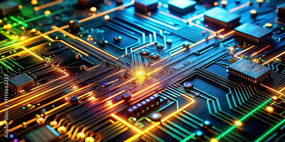 Poster close-up of a high-tech ai supercomputer with transistors on a pcb board, showcasing advanced techno