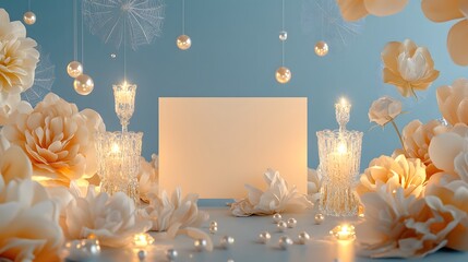 Blank mockup template of an invitation card surrounded by luminescent silk flowers, candle holders made of crystal webs, and floating pearls suspended in air.