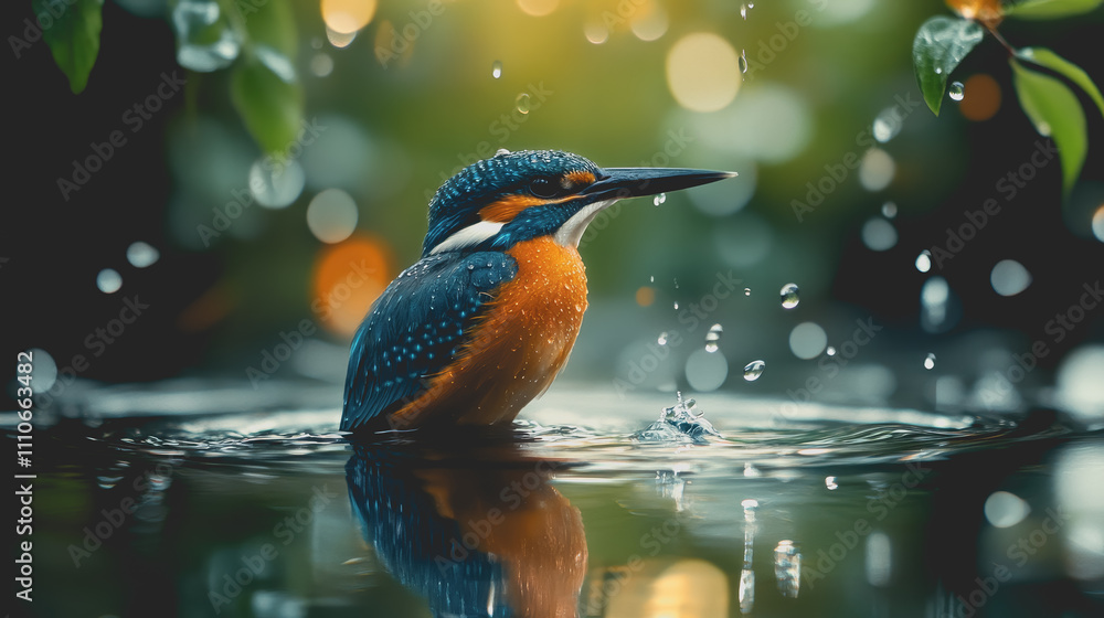 Aufkleber vibrant kingfisher bird in a serene pond splashing water surrounded by lush greenery and soft bokeh 