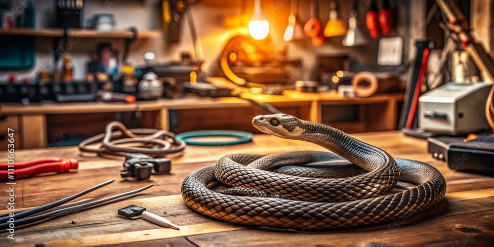 Aufkleber close-up of an electrical snake coiled on a workbench with tools and wires - ideal for electrical pr