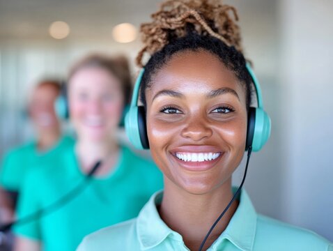 Cheerful Call Center Team Celebrating National Salesperson Day, Teamwork and Customer Service Excellence - Powered by Adobe