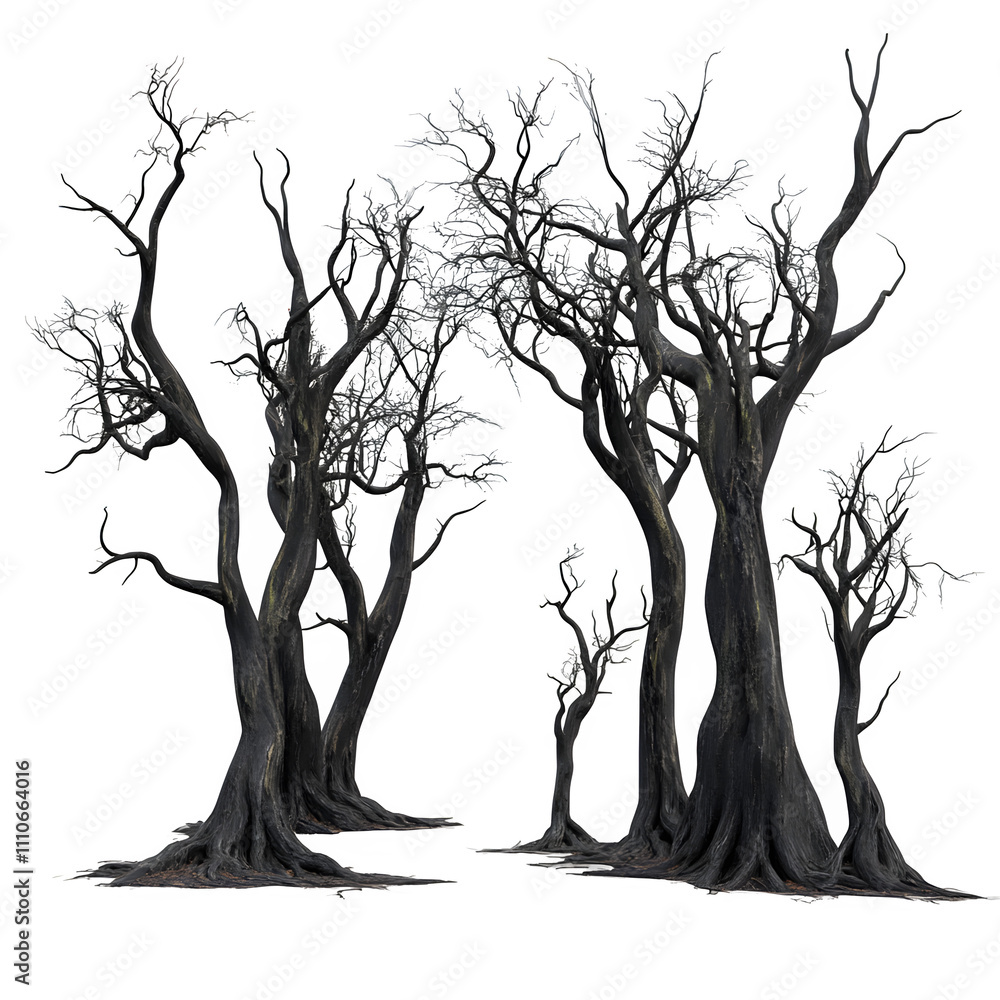 Poster group of stark, gnarled trees stand bare against a clear backdrop, their twisted branches reaching t