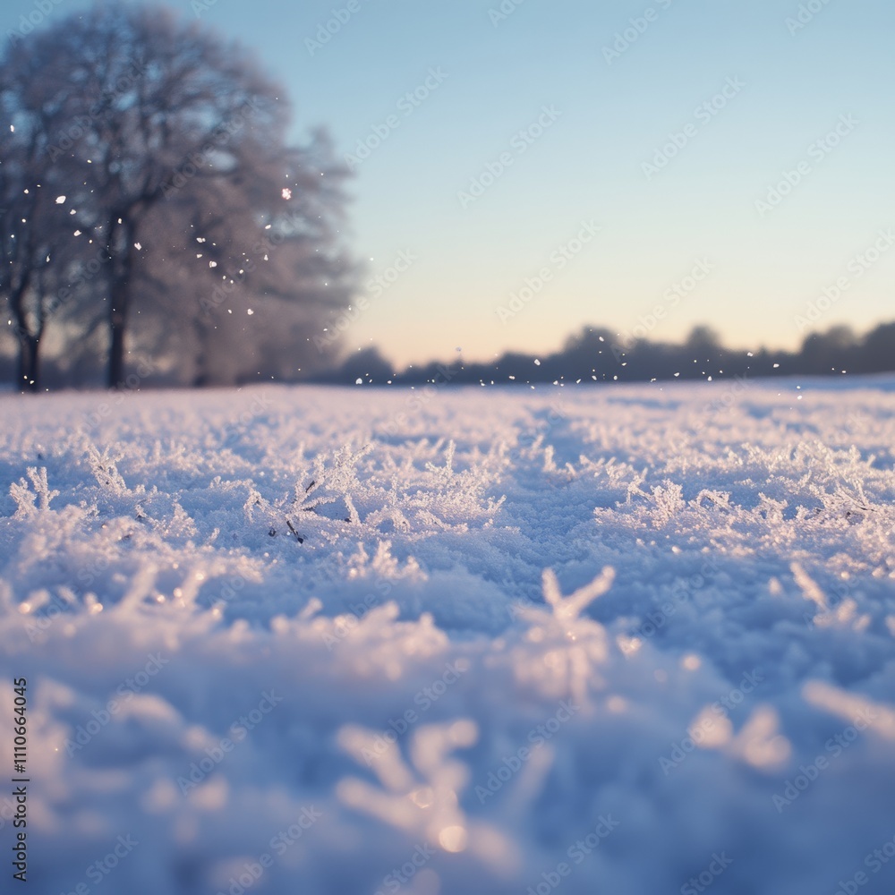 Poster ice-covered field with snowflakes resting delicately on the surface, creating a clear and frosty win