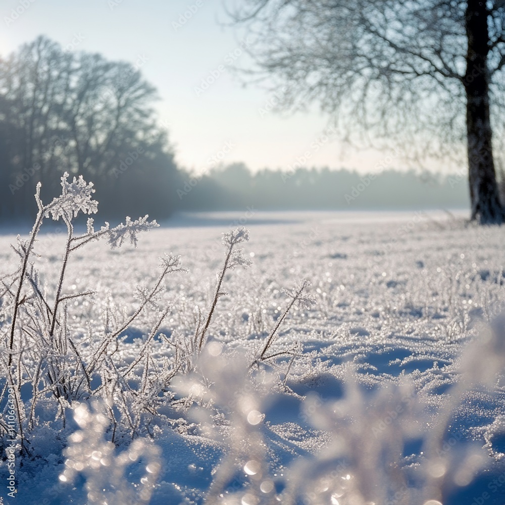 Poster ice-covered field with snowflakes resting delicately on the surface, creating a clear and frosty win