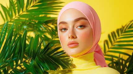 Fototapeta premium Beautiful Woman in Hijab Surrounded by Tropical Greenery