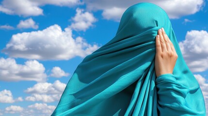 Woman in Turquoise Hijab with Clouds in Bright Blue Sky Background