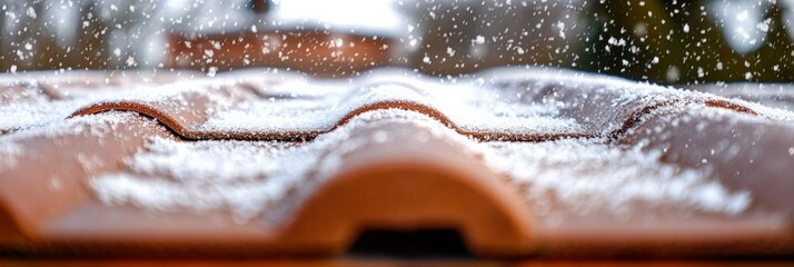 Snow-covered roof with gentle snowflakes settling in the cold winter air, creating a picturesque holiday scene