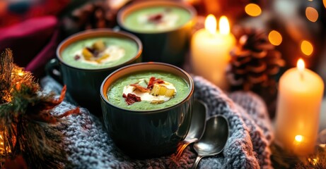 Autumn Winter Dinner with Celery Cream Soup. AI generated illustration.