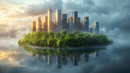 Fototapeta premium Cityscape Island Skyline Green Trees Calm Water Reflection