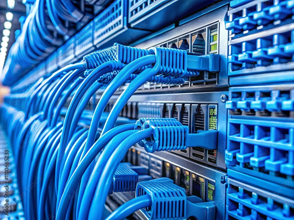 Poster close-up of blue rj45 network cables intertwined in a data server rack, showcasing high-speed connec