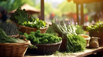 A photo of a farmers market stall with baskets of fresh leaf