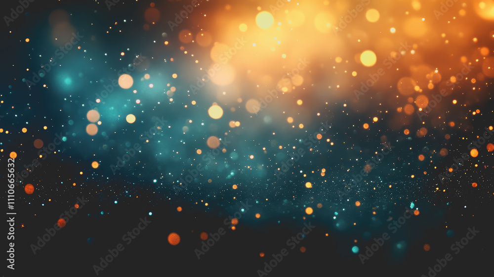 Poster bright and colorful bokeh effect with blue, orange, and gold particles on a dark background for use 