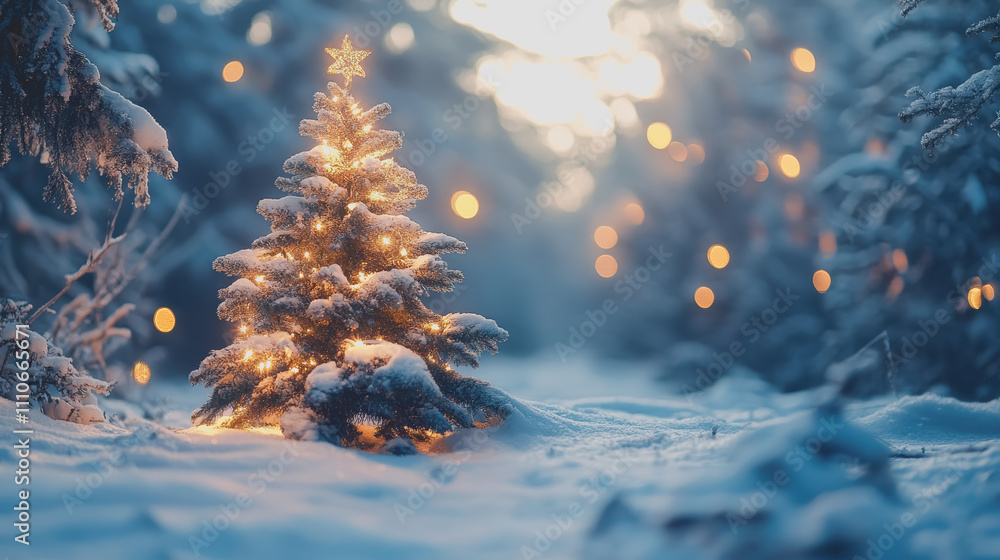 Aufkleber sparkling christmas tree illuminated in snowy forest with soft glowing lights and wintery background