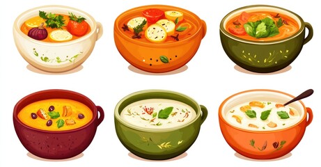 Autumn Vegetable Soups Set. AI generated illustration.