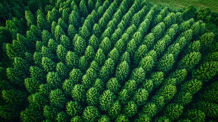 Aerial View of a Lush Green Coniferous Forest Plantation