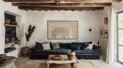 Spacious living room featuring whitewashed walls, exposed wooden beams, and a deep blue sofa paired with ceramic decor and earthy accents. interior design concept 