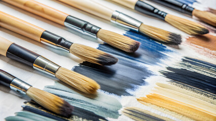 Fototapeta premium A collection of artist's paintbrushes, various sizes and shapes, resting on a palette of blended colors