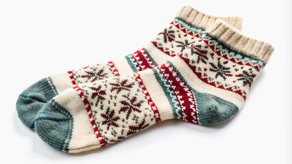 A pair of warm socks with a pattern decorated with a festive snowflake design on a white background.Cozy, hand-knitted socks with a wintery color palette.