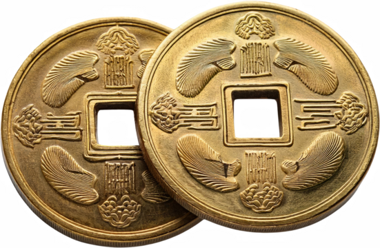 Two Ancient Chinese Gold Coins Close up Square Hole Intricate Detail Asian Currency Wealth