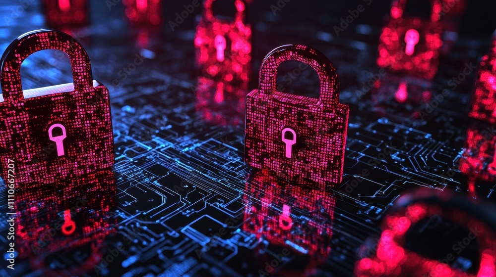 Poster abstract representation of network vulnerability with digital locks and cybersecurity elements