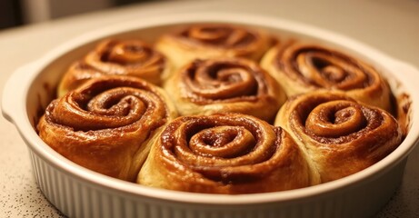 Fresh Danish Cinnamon Buns in Bake Pan. AI generated illustration.