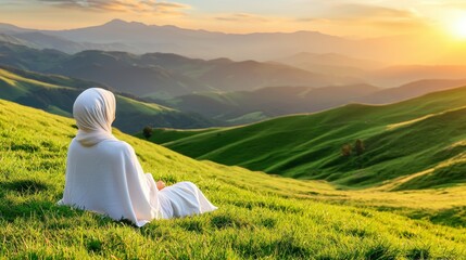 Fototapeta premium Woman in White Attire Meditating on Green Hills at Sunset