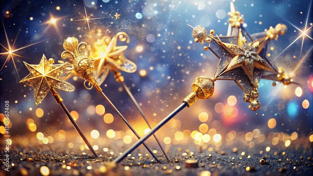 Poster closeup of sparkling wands with gold accents creating a magical atmosphere in a dreamlike setting, f