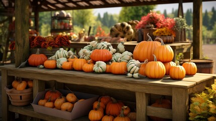 A photo of a farmers market stall with vibrant pumpkin