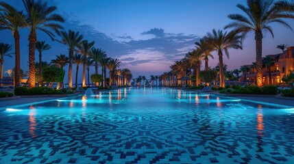Fototapeta premium Serene evening view of a luxurious pool surrounded by palm trees and vibrant lights.