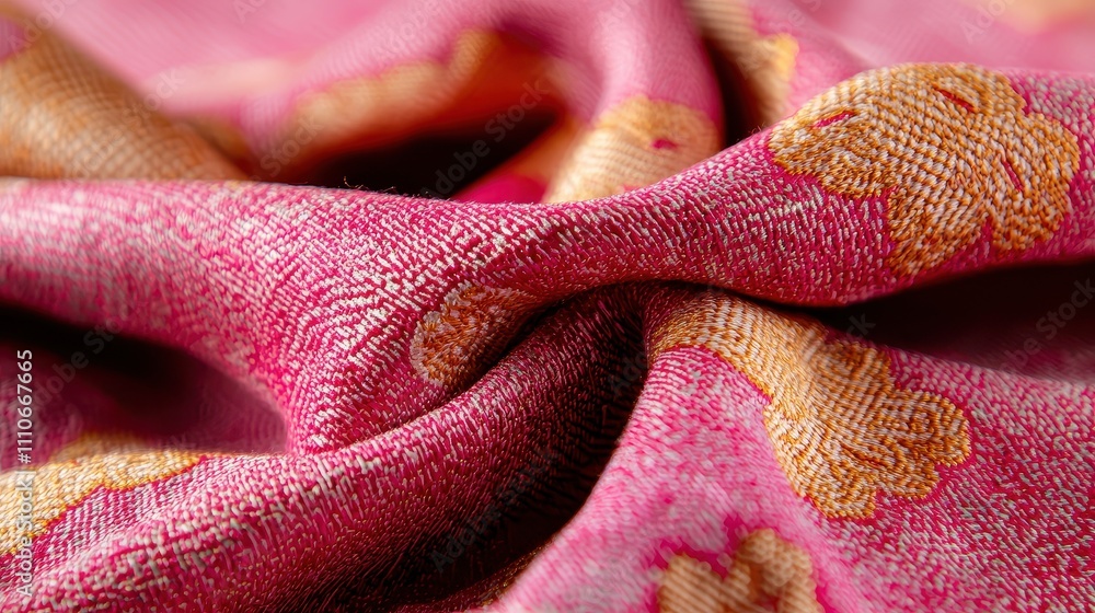 Poster close-up of elegant pink fabric with intricate gold pattern details