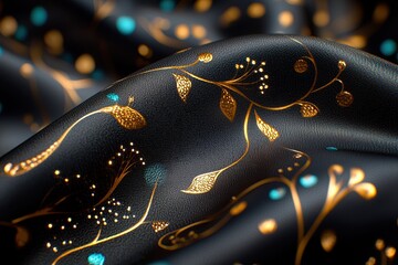 Elegant Black Fabric with Golden Floral Design and Blue Accents