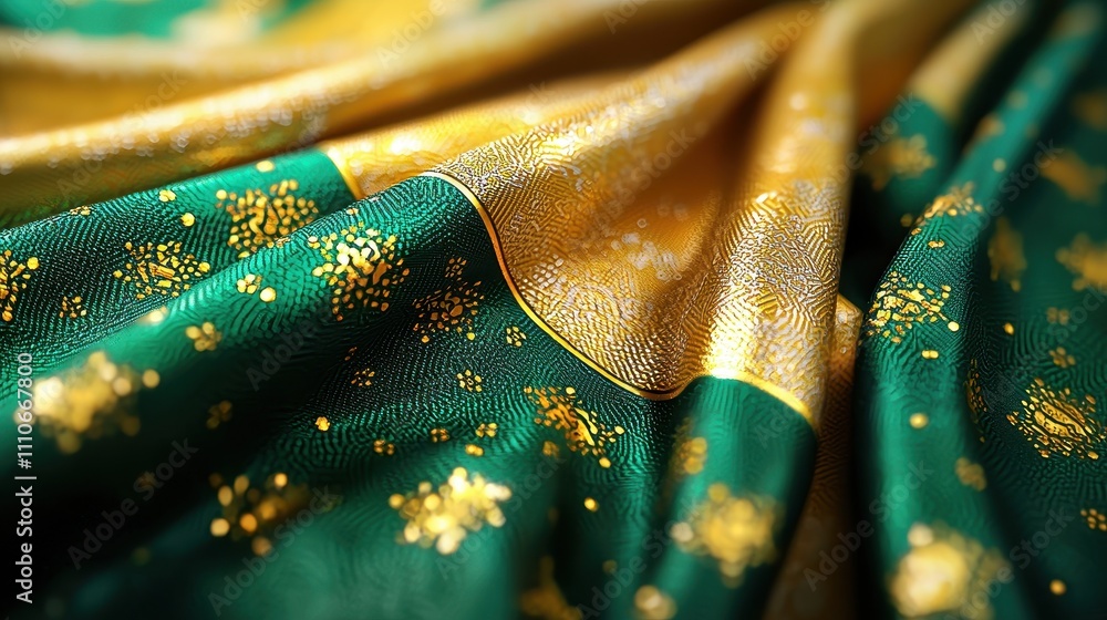 Poster elegant green fabric with golden patterns for textiles and design