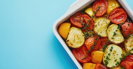 Baked Vegetables with Thyme in Oven Dish. AI generated illustration.