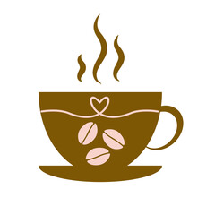 A cup of hot coffee with a symbol of coffee beans and a heart, showing the love of drinking coffee.