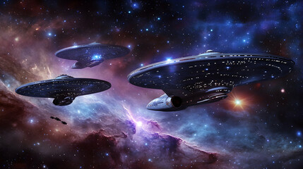 Three futuristic spaceships soar through a vibrant nebula, stars twinkling in the cosmic expanse. A breathtaking interstellar journey.