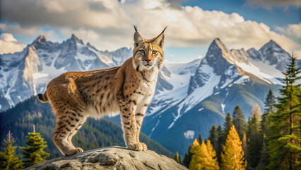 Obraz premium Lynx against the backdrop of mountain peaks, ready to hunt in the wild. Mountain lynx in its natural environment among rocks and trees.