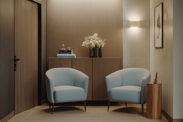 Modern Waiting Area with Two Blue Armchairs and Wooden Cabinet