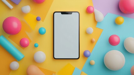 A smartphone screen mockup with colorful abstract props surrounding it.