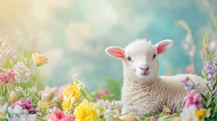 A cute lamb resting among colorful flowers in an Easter-themed scene with ample space for text on the side