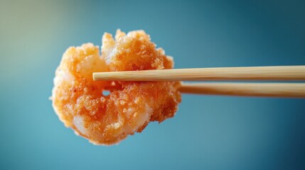 A delectable breaded shrimp captured on chopsticks, with a bright and simple blue backdrop offering text space