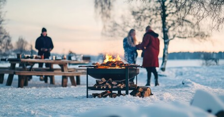 Winter Barbecue Party Outdoors. AI generated illustration.