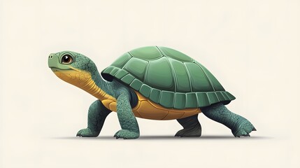 Fototapeta premium Friendly&nbsp;cartoon turtle with detailed green shell pattern and yellow-brown underbelly, presented in side&nbsp;view walking pose with textured scales in&nbsp;children's book illustration&nbsp;style. 