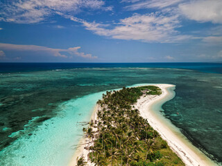 Fototapeta premium A stunning aerial view of a tropical island in Balabac, Philippines, featuring palm trees, white sandy beaches, and turquoise waters under a bright, partly cloudy sky