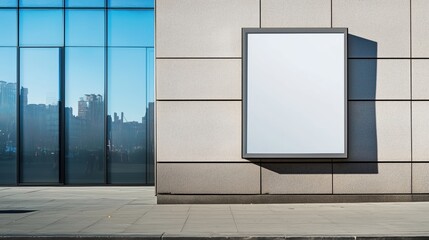 A blank billboard mounted on a city street wall with a clear blue sky in the background.